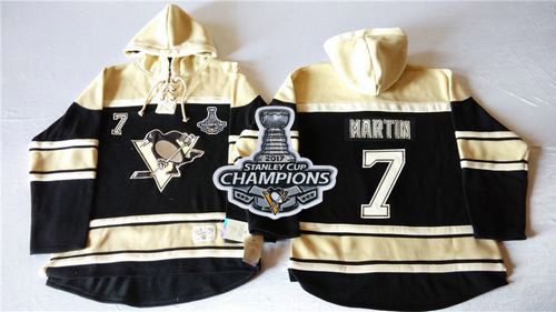 Penguins #7 Paul Martin Black Sawyer Hooded Sweatshirt Stanley Cup Finals Champions Stitched NHL Jersey